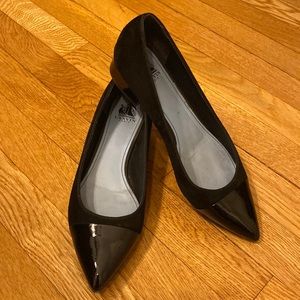 Lanvin, Black leather flats with 1” heel, shiny point toe, size 39 1/2 / 9US